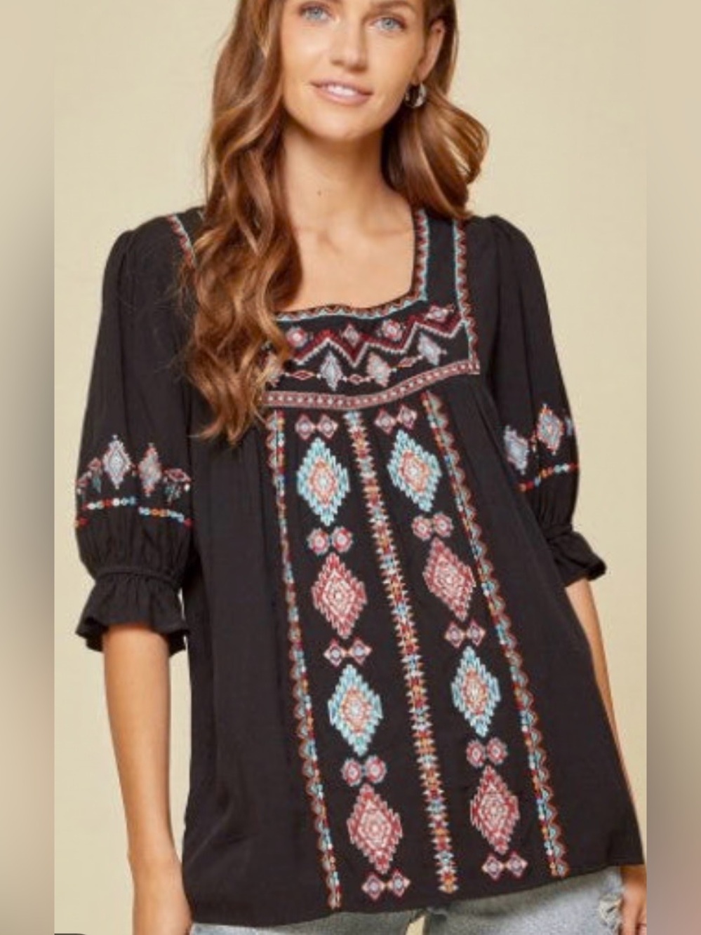 Savanna Jane Black Embroidered Geometric Peasant Tunic